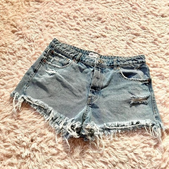 Zara Pants - Zara Distressed Raw High Rise Button Fly Denim Shorts Womens 12 Indie Cowgirl